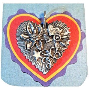 Vintage Pewter Folk Art Heart Ornament Pendant Handcrafted New old stock